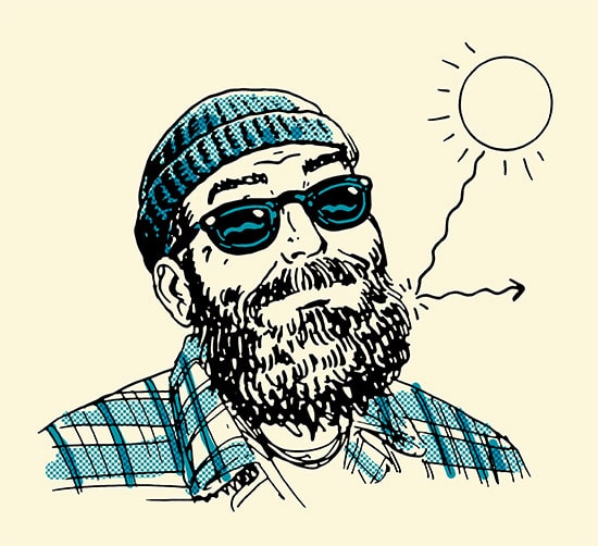 Man with beard sun rays bouncing off illustration.