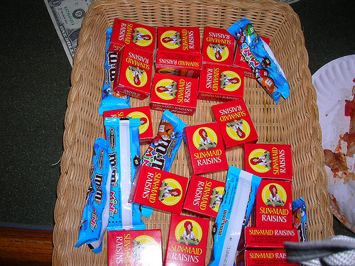 halloween raisins Halloween basket of raisins and chocolates.