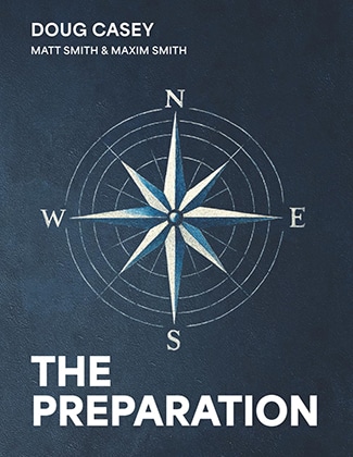 Book cover of "The Preparation" by Doug Casey, Matt Smith, and Maxim Smith featuring a white compass rose on a dark blue background, reflecting themes of adventure-driven education and skill-building.