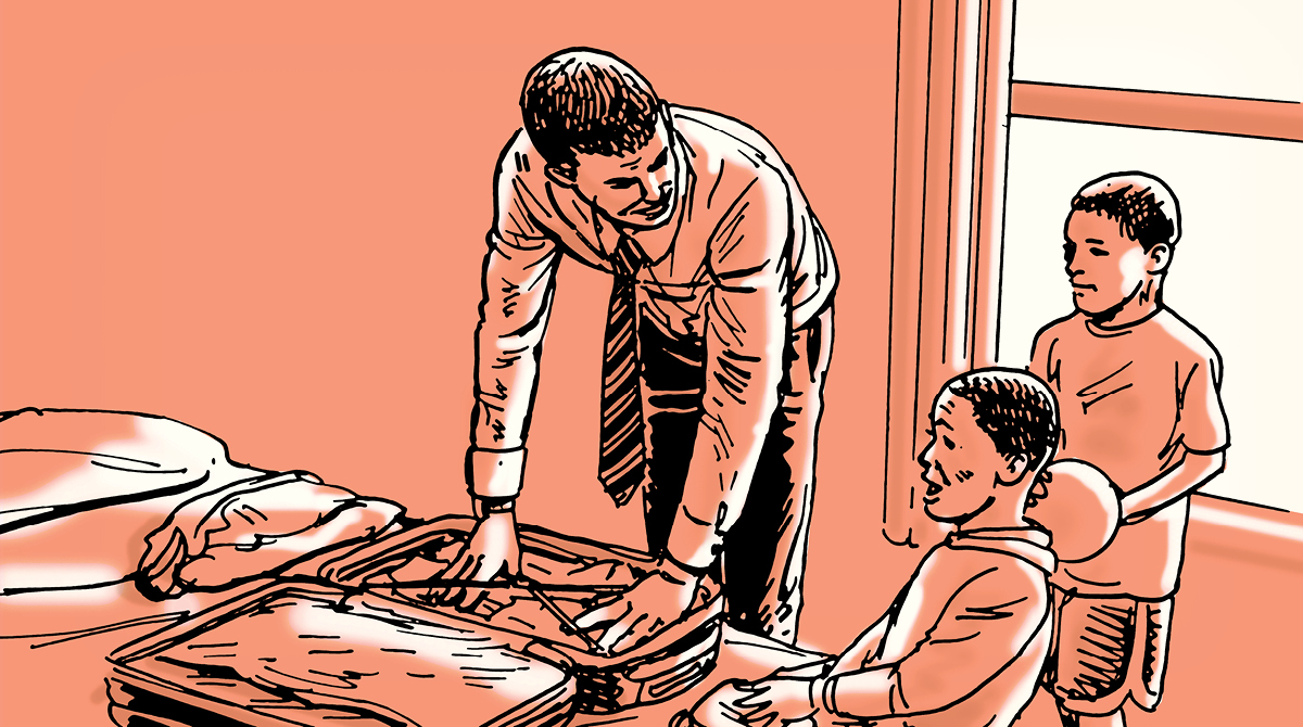 An illustration of a dad placing suitcases on a bed before his business trip.