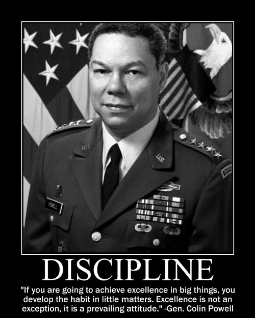 A motivational quote about discipline by Colin Powell.