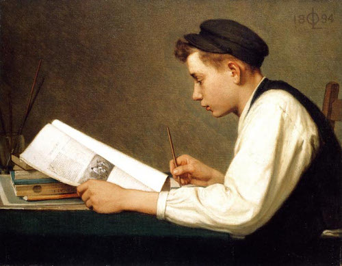 Vintage student boy doing copy work writing in notebook from his book.