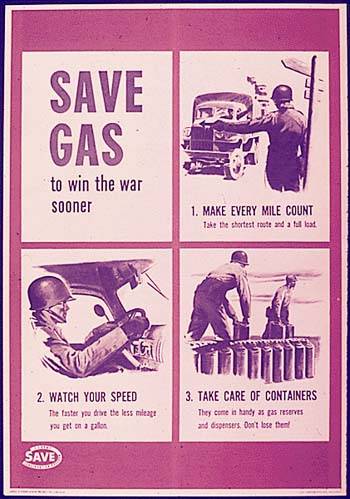 A poster demonstrating how to conserve gas during the war and strengthen willpower.