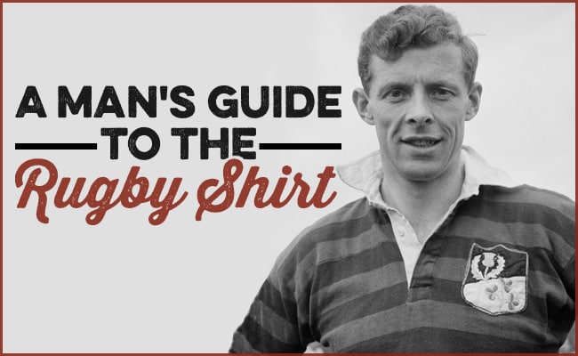 Black and white photo of a man wearing a striped rugby shirt, next to the text "A Man's Guide to the Rugby Shirt"—the perfect style guide for anyone interested in men's fashion.