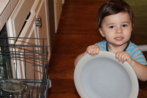 IMG_1061 Young boy doing chores holding plate emptying dishwasher.