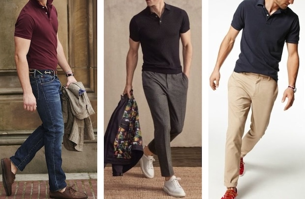 Demonstrating polo shirt style, three men each wear a polo shirt with different pants—jeans and loafers, dress pants and sneakers, or chinos with red sneakers—showcasing how to wear a polo shirt in versatile ways.