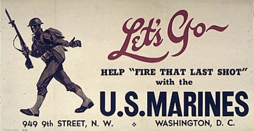 A poster for the U.S. Marines showcasing combat leadership lessons and featuring a Marine Corps soldier holding a gun.