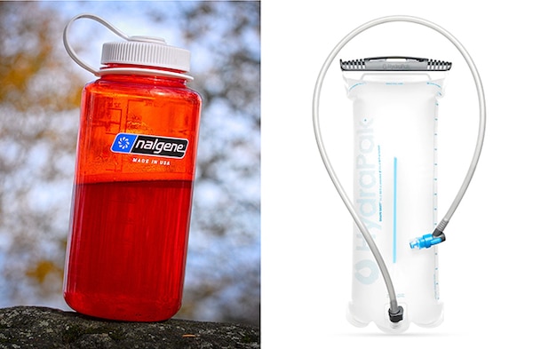 Two pictures of a water bottle with a hose attached, perfect for outdoor hydration.