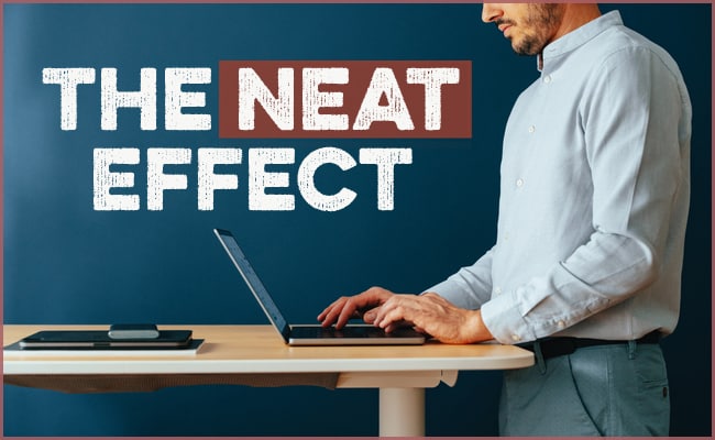 Person in a light blue shirt using a laptop at a standing desk with the text "THE NEAT EFFECT" on a dark blue background.