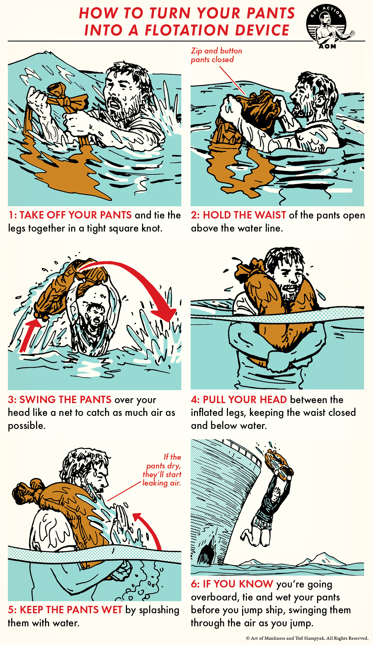 Comic guide turning pants into life jacket.