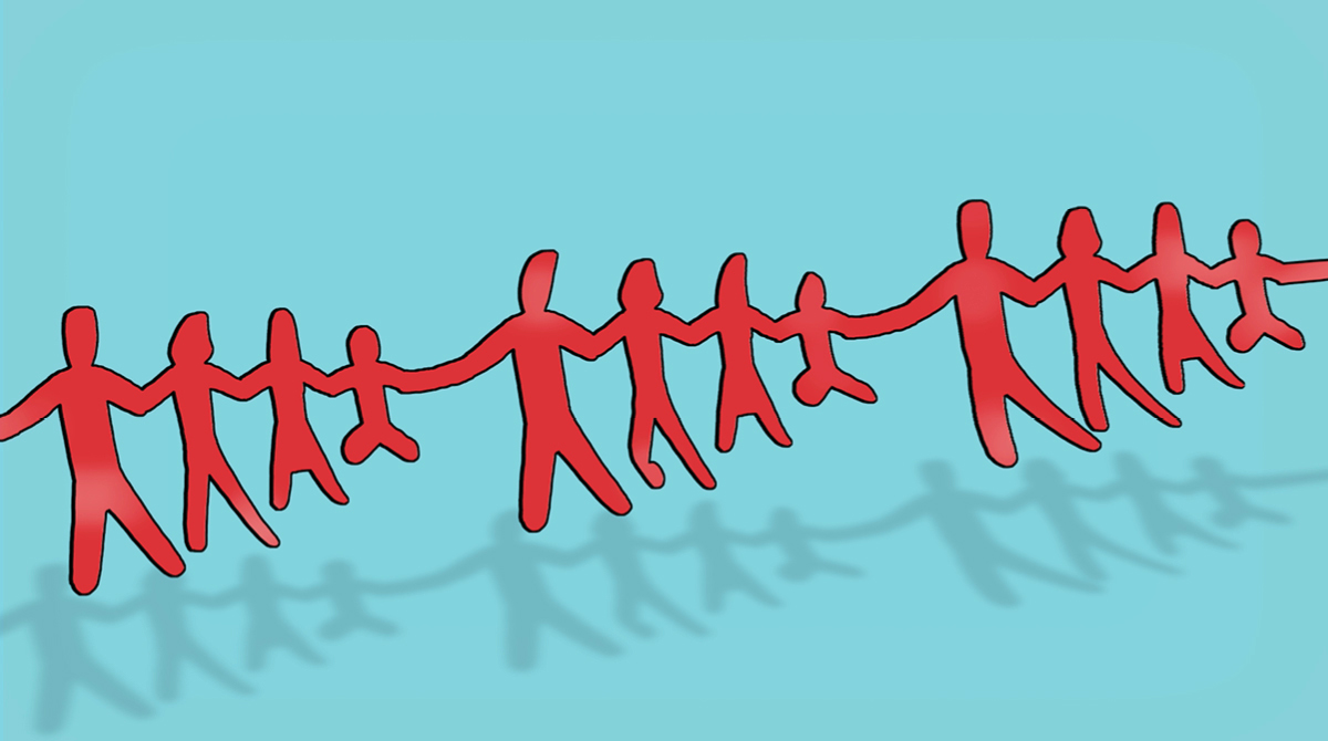 A family holding hands on a blue background.