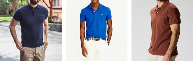 Three men show how to wear a polo shirt in navy, blue, and brown, each paired with light-colored pants—offering effortless style tips against varied backgrounds.