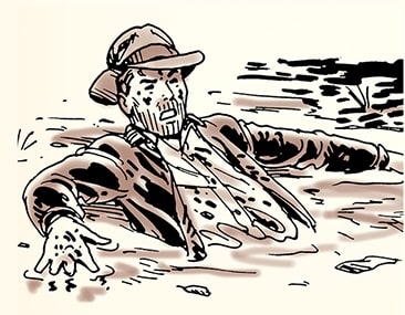 Illustration of a man in a hat crawling through quicksand, with a pained expression on his face.