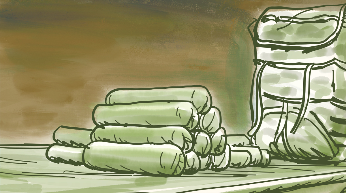 A drawing of a backpack on a table.