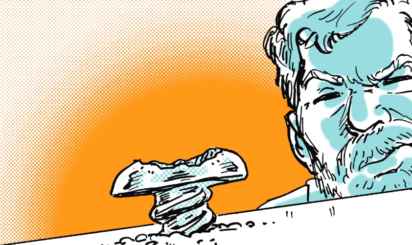 An illustration of a man with a mushroom in his mouth.