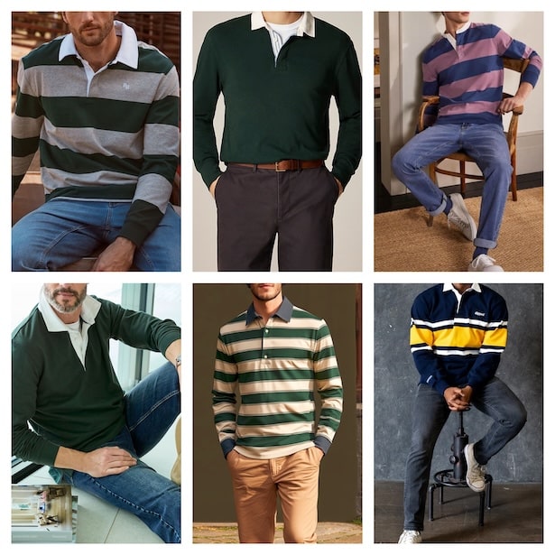 A collage of six men showcases rugby shirt men's fashion, each wearing long-sleeve striped shirts in various colors, posed seated or standing in stylish indoor settings.