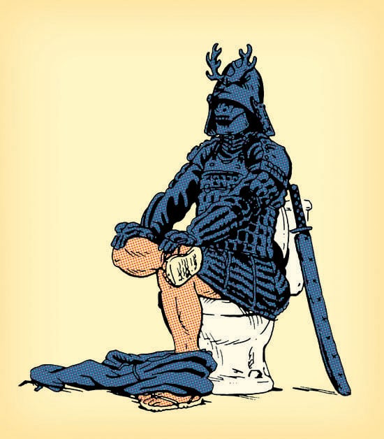 An illustration of a samurai sitting on a toilet, engaging in his personal bodily functions.
