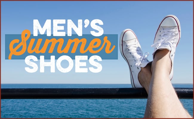 A person wearing white sneakers relaxes by a railing overlooking the ocean, with the text "Men's Summer Shoes" showcasing stylish men's summer footwear for warm days.