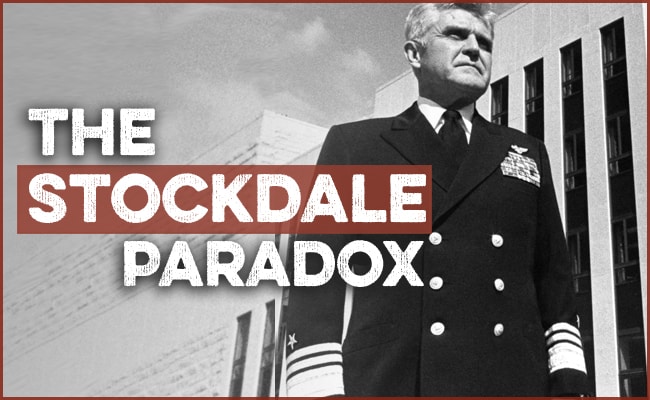 Black-and-white photo of a decorated naval officer standing in front of a modern building, with the text "The Stockdale Paradox" overlaid—a philosophic principle for navigating tough times.