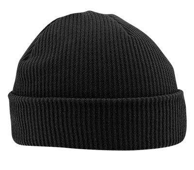 Black watch cap stocking hat winter headwear.