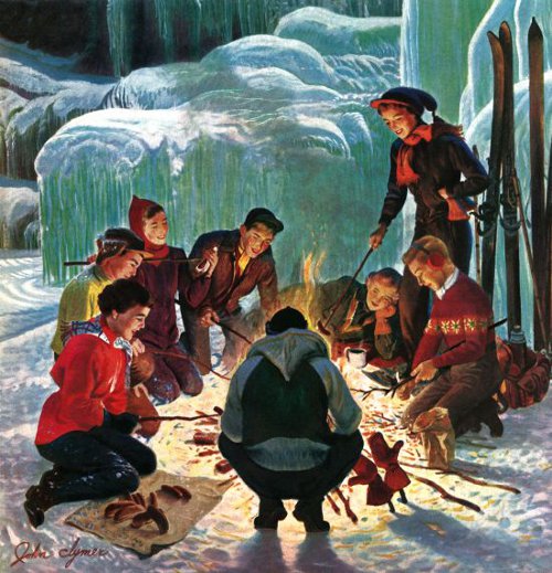 Friends roasting hot dog on campfire at outside cold weather illustration. 