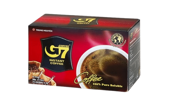 A box of Trung Nguyen G7 Instant Coffee featuring a coffee cup image and product branding on the packaging—perfect for those seeking the best instant coffee experience.