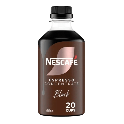 A bottle of Nescafe Espresso Concentrate Black, labeled for 20 cups, with a black cap and brown label—your pick for the best instant coffee experience.